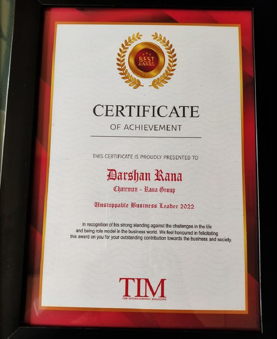 Certificate of achievement awarded to Dr. Darshan Rana